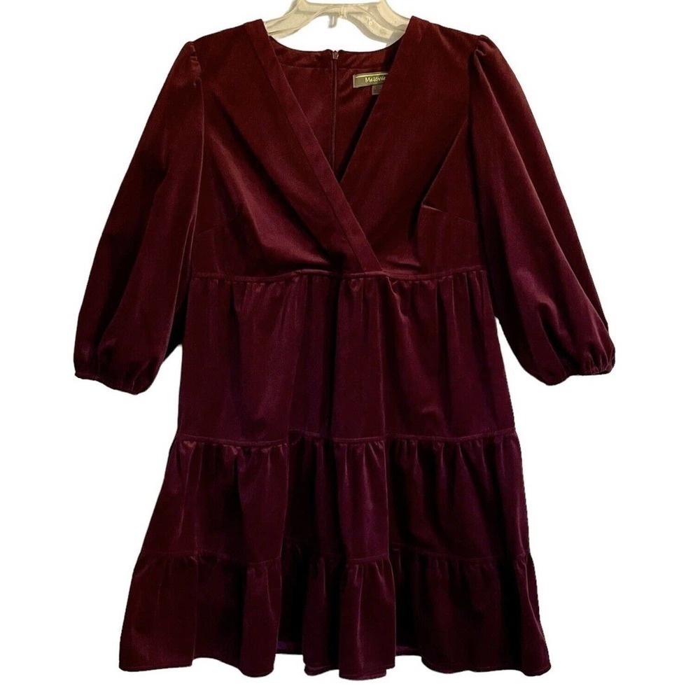 Melonie T Women's Tiered Corduroy Balloon Sleeve V-Neck Dress Wine Size …